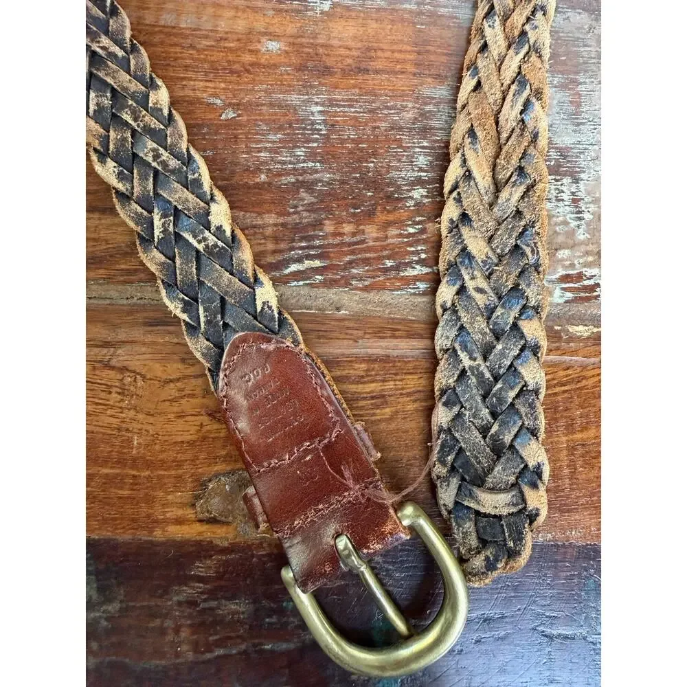 Vintage Brown Genuine Leather Braided Belt Size 36 Brass Buckle Boho Western